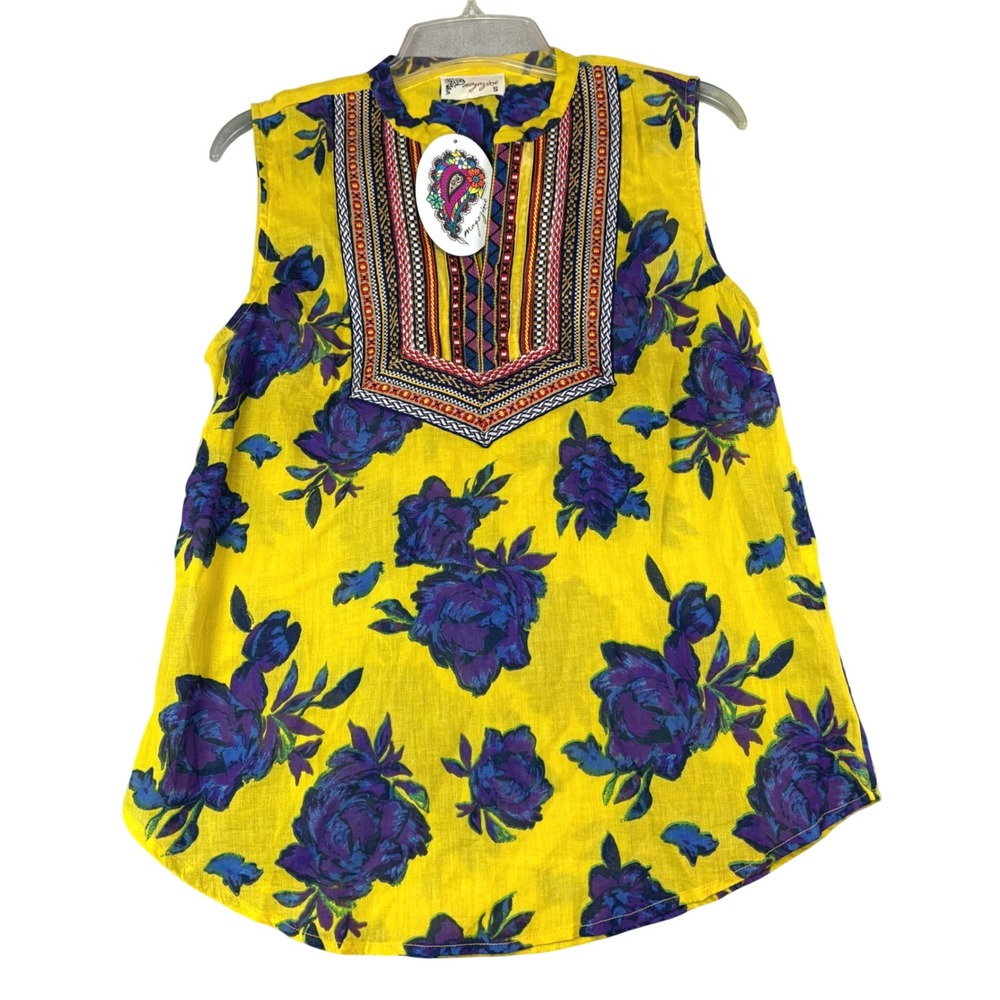 Magazine S Yellow Floral Sleeveless Top Embroidered Split Neck Boho Artsy Blouse